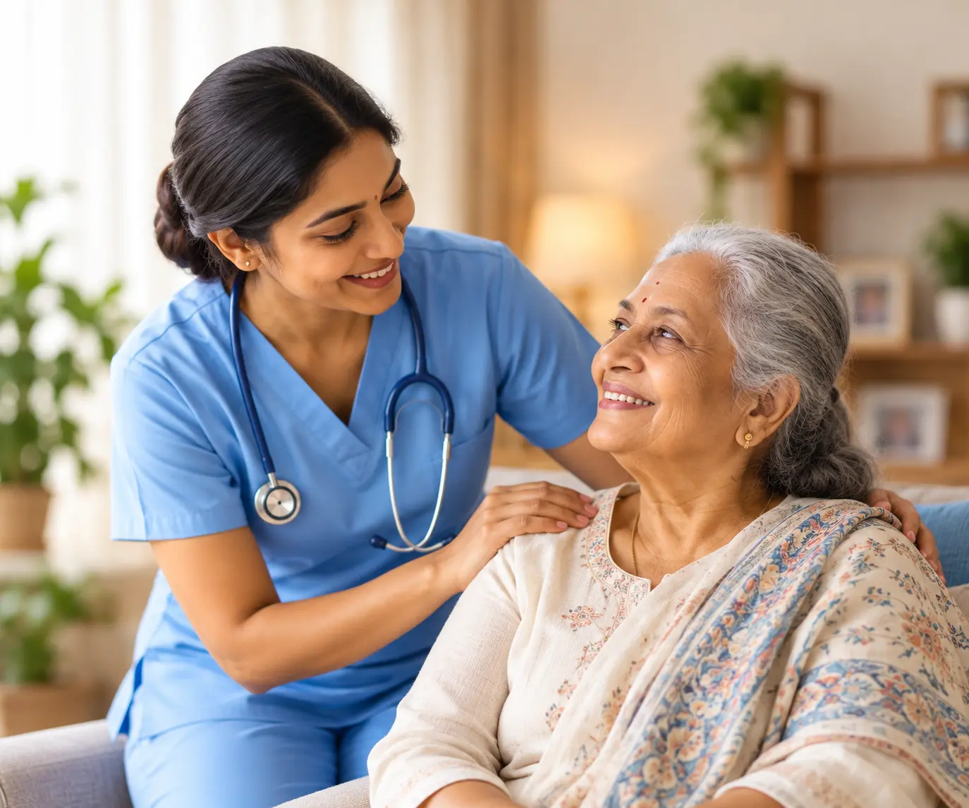 Home nursing caregiver assisting an elderly patient