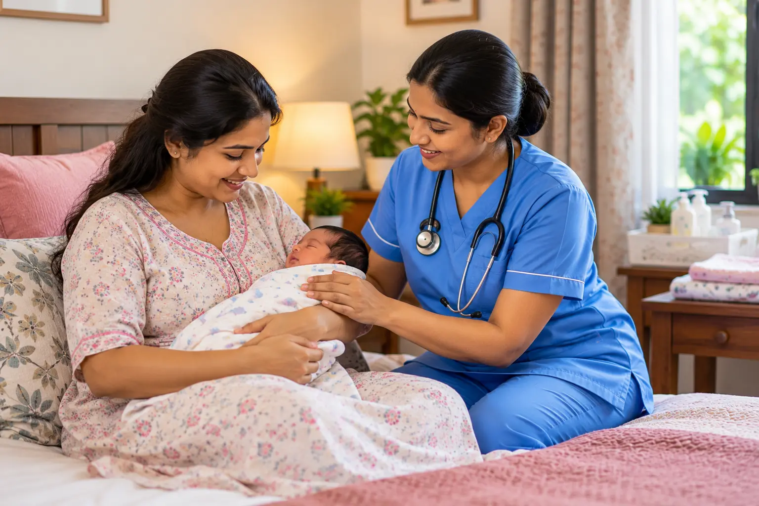 Mother holding newborn baby with maternity care nurse