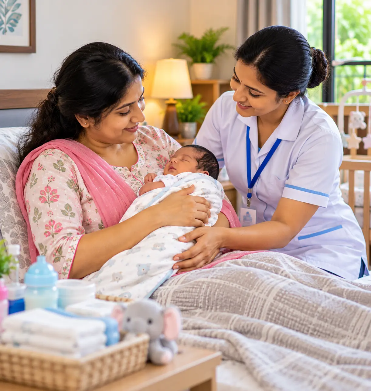Caregiver gently assisting a mother with her newborn baby at home