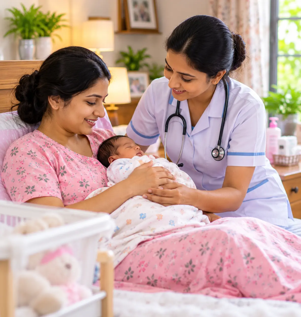 Maternity caregiver supporting a mother and her newborn baby at home
