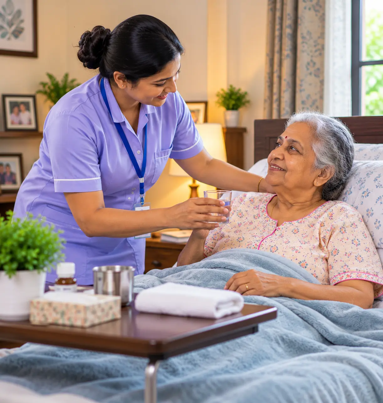 Caregiver helping an elderly patient resting comfortably at home