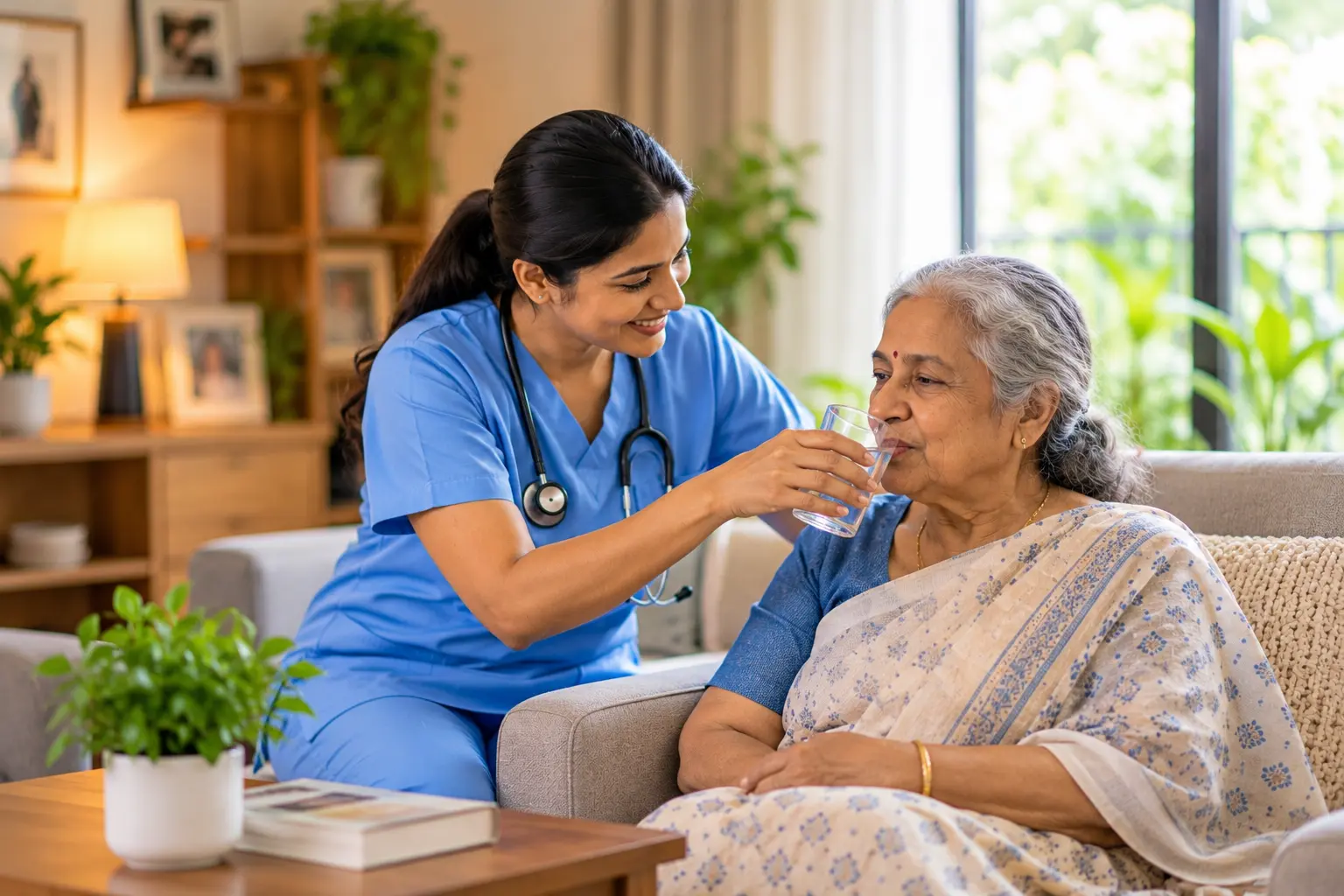 Nurse providing compassionate care to an elderly patient at home